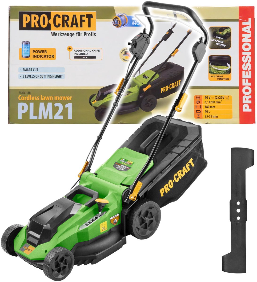 Procraft PLM21bb accu-grasmaaier 40 V (2x 20 V) 380 mm borstelloos Solo - zonder accu, zonder oplader