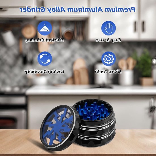 Kruidenmolen 2,5 Inch van Aluminium, 4-delige Set met Schoonmaakborstel en Pollen Schraper voor Keuken, Draagbare Specerijenmolen voor Kruidige Gerechten - Zwart/Blauw van Merkloos — afbeelding 5
