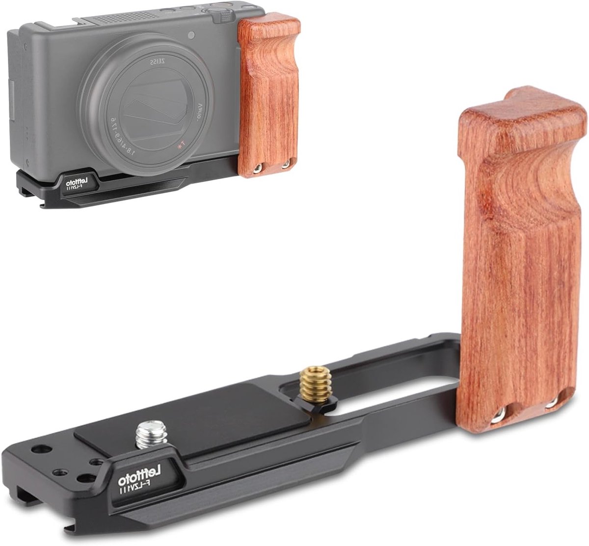 L Bracket Quick Release Plate met Houten Grip voor Sony ZV-1 II en Vlogcamera's, Geschikt voor Arca Swiss en DJI RS Ronin Stabilizer