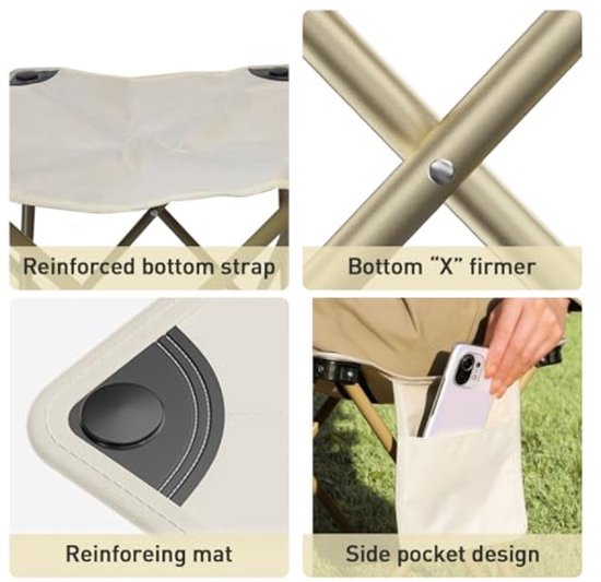 Campingkruk Draagbare Klapkruk met Opbergtas - Voethokker Outdoor - Mini Vouwstoel Lichtgewicht - Zitkruk Inklapbaar voor Wandelen, Tuin, Vissen, BBQ, Strand - Wit, Zithoogte 33 cm — afbeelding 4