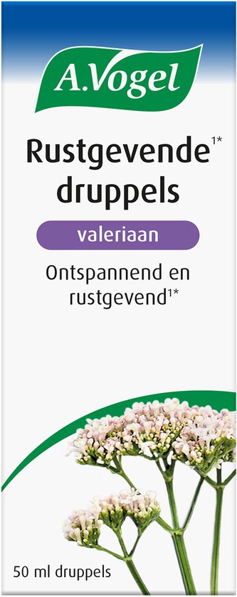 Flesje A. Vogel Rustgevende druppels met valeriaan, ontspannend en rustgevend. Flesje van 50 ml met takjes bloeiende valeriaan.