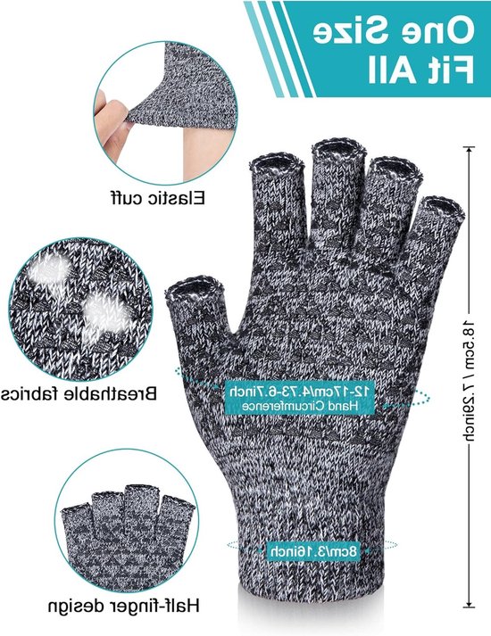 Informatieve afbeelding met afmetingen van de grijze gebreide vingerloze handschoenen, inclusief elastische boorden.