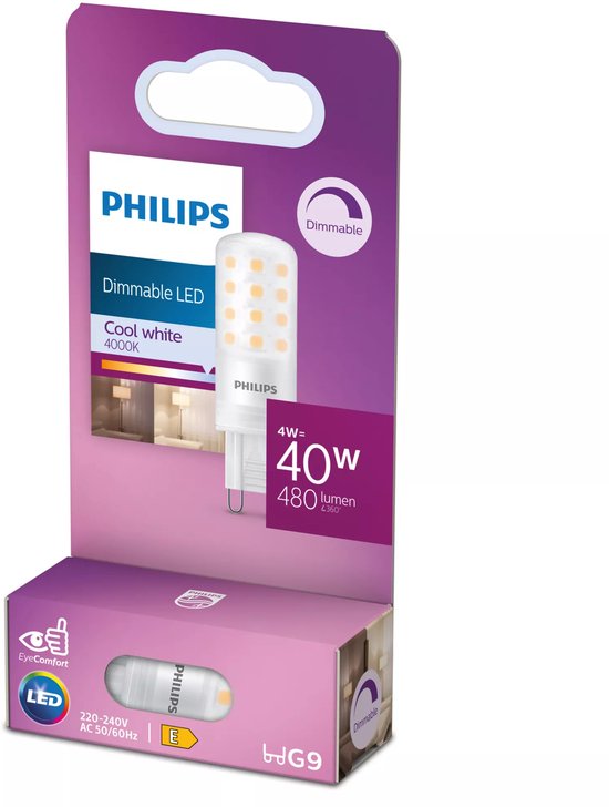 Philips LED G9 lamp, koel wit 4000K, 4W, 480 lumen, dimbaar.