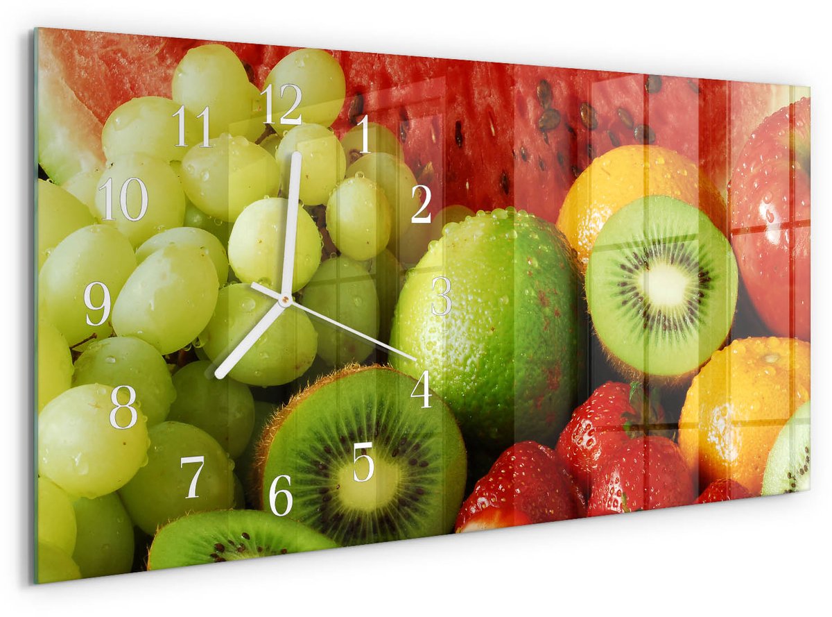 TULUP Wandklok - Fruit Wandklok Glas Decoratie - 60x30 cm - Groente Gekleurde Glazen Klok - Witte Handen - Rechthoekige Wandklok - Decoratieve Glazen Klok - Glazen Wandklok Design Groente - Fruit