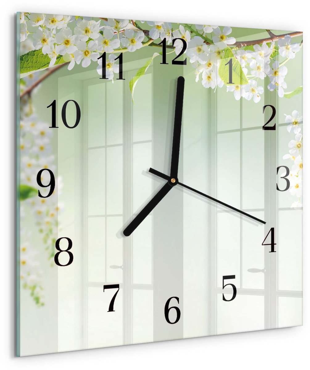 TULUP Wandklok - Lente Moderne Wandklok Glas - 30x30 cm - Groente Wandklok Glas Decoratie - Zwarte Handen - Vierkante Wandklok - Wandklok Glas Met Motief - Decoratieve Glazen Klok Groente - Lente