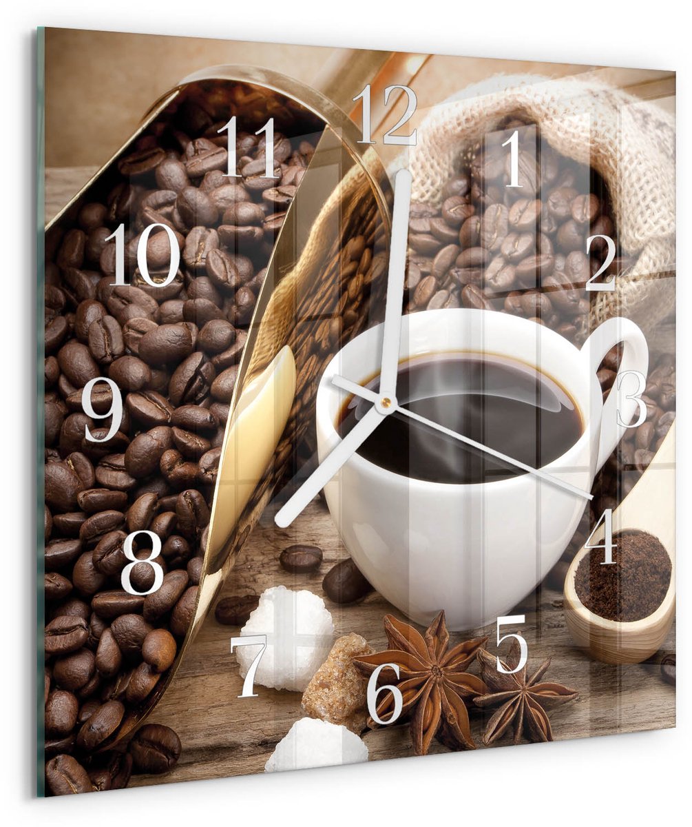 Tulup Wandklok - Koffie Glazen Klok Met Print - 30x30 cm - Bruin Moderne Glazen Wandklok - Witte Handen - Vierkante Wandklok - Klok Glas Met Opdruk - Moderne Wandklok Glas