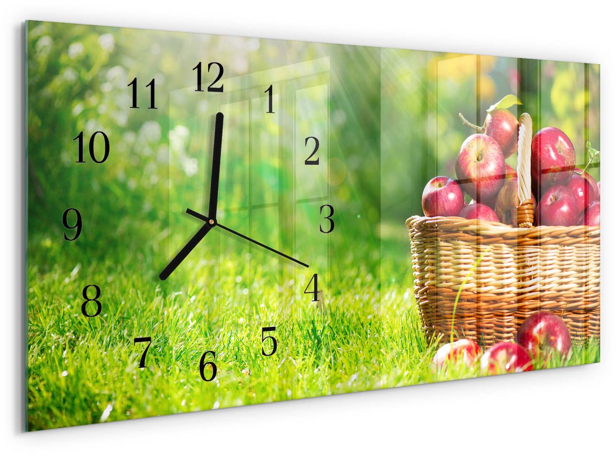TULUP Wandklok - Een mand met appels Wandklok Glas Decoratie - 60x30 cm - Groente Gekleurde Glazen Klok - Zwarte Handen - Rechthoekige Wandklok - Gekleurde Glazen Klok - Glazen Klok Met Print Groente - Een mand met appels