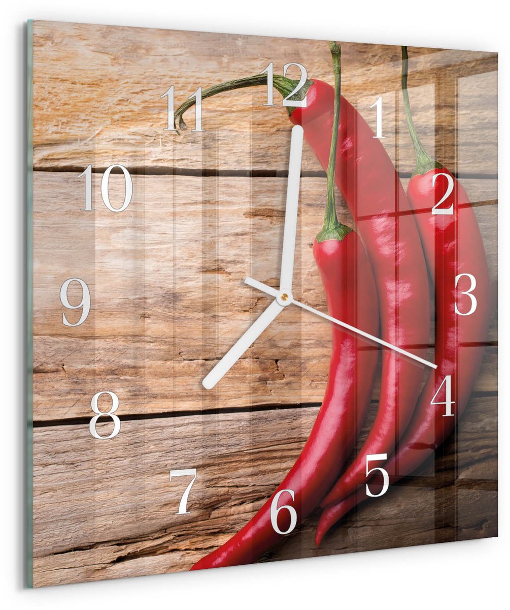 Tulup Wandklok - Chilipepers Moderne Wandklok Glas - 30x30 cm - Rood Wandklok Glas Decoratie - Witte Handen - Vierkante Wandklok - Glazen Klok Met Print - Wandklok Glas Met Motief