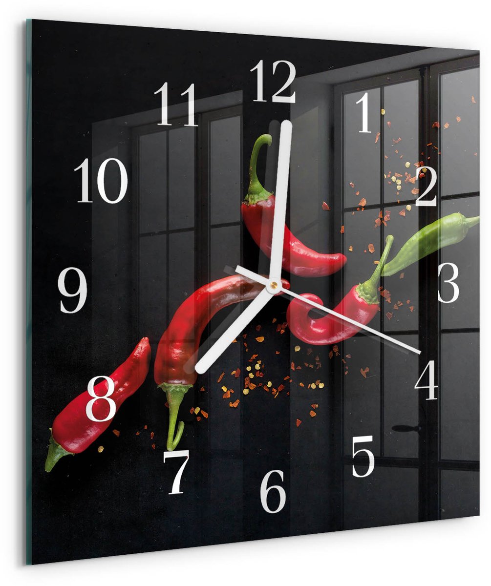Tulup Wandklok - Chilipepers Glazen Klok Met Print - 30x30 cm - Zwart Moderne Glazen Wandklok - Witte Handen - Vierkante Wandklok - Glazen Wandklok Design - Klok Glas Met Opdruk