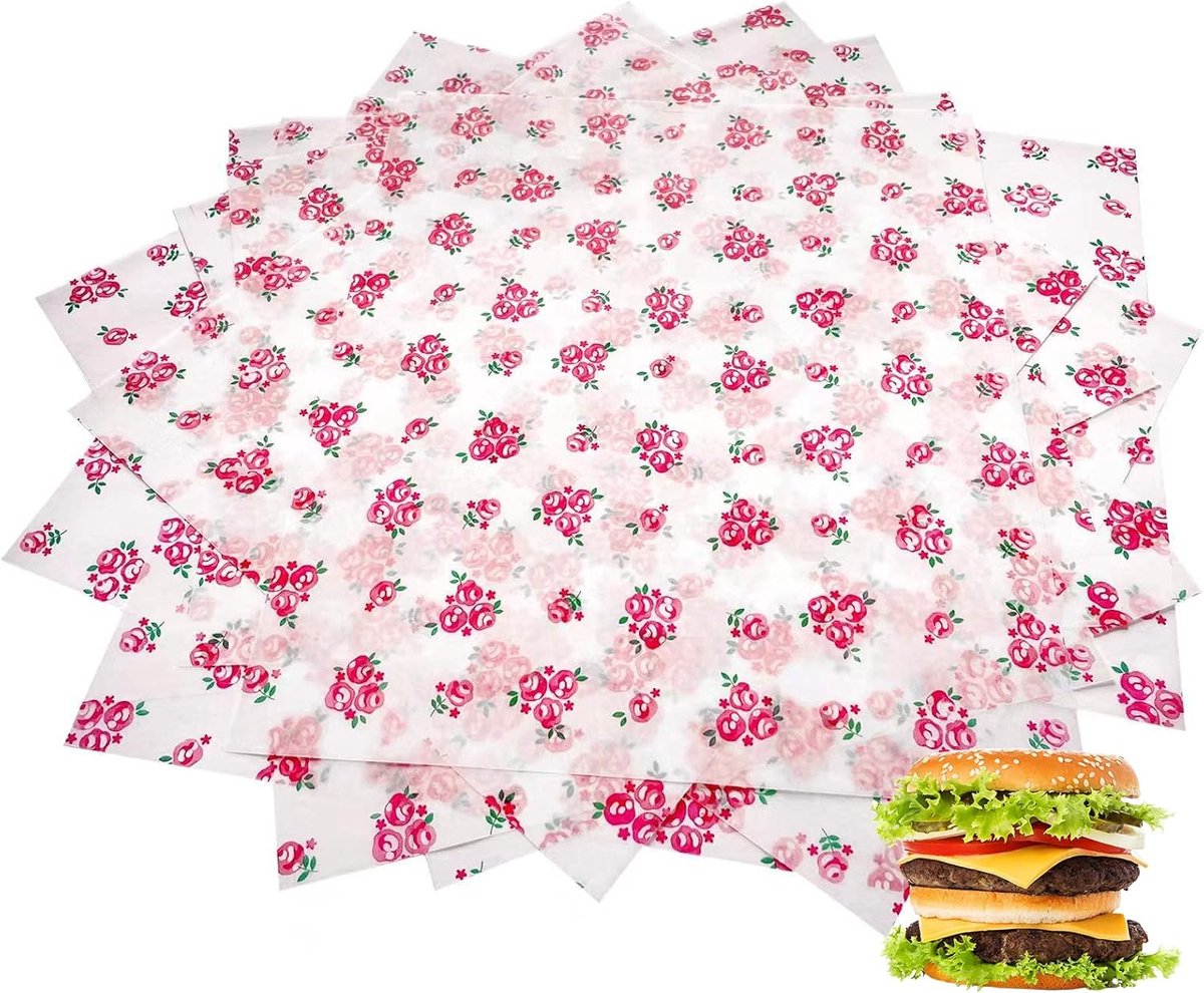 50 stuks lentebloemenprint vetvrij bakpapier, geschikt als sandwichpapier, bakpapier voor airfryer, voedselmandvoering voor buitenpicknick (roze)