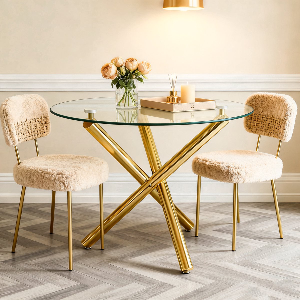 BLACKCOLORS Ronde eettafel met blad van gehard glas en goudkleurige poten, salontafel, moderne minimalistische eettafel, 80 × 80 × 76 cm