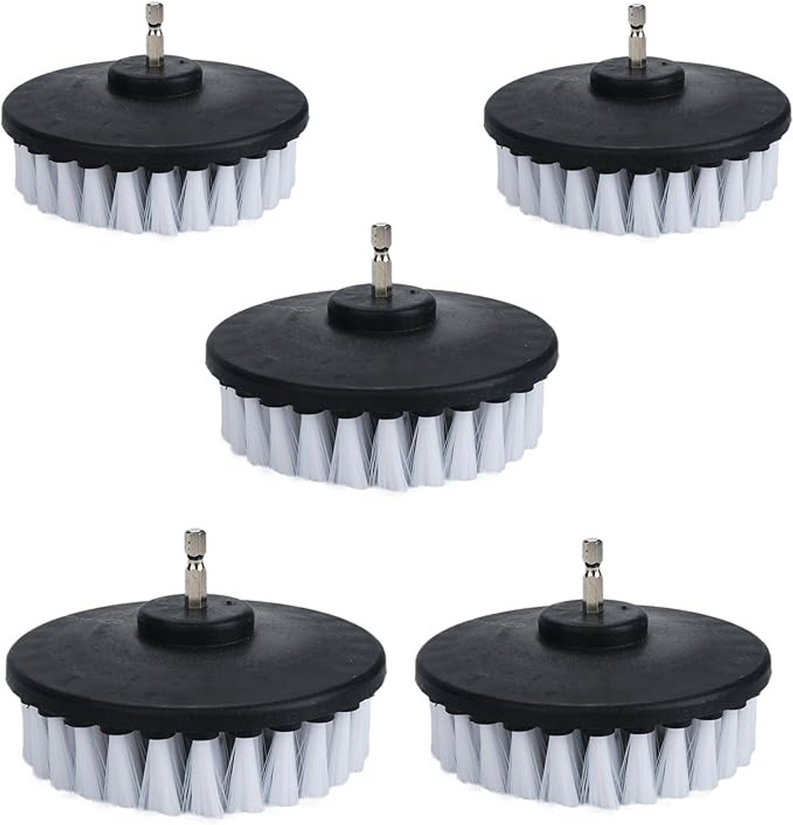 Set van 5 elektrische schrobborstels met zachte witte haren van 10,2 cm voor het reinigen van auto's, boten, stoelen, tapijten, bekleding en douchedeuren.