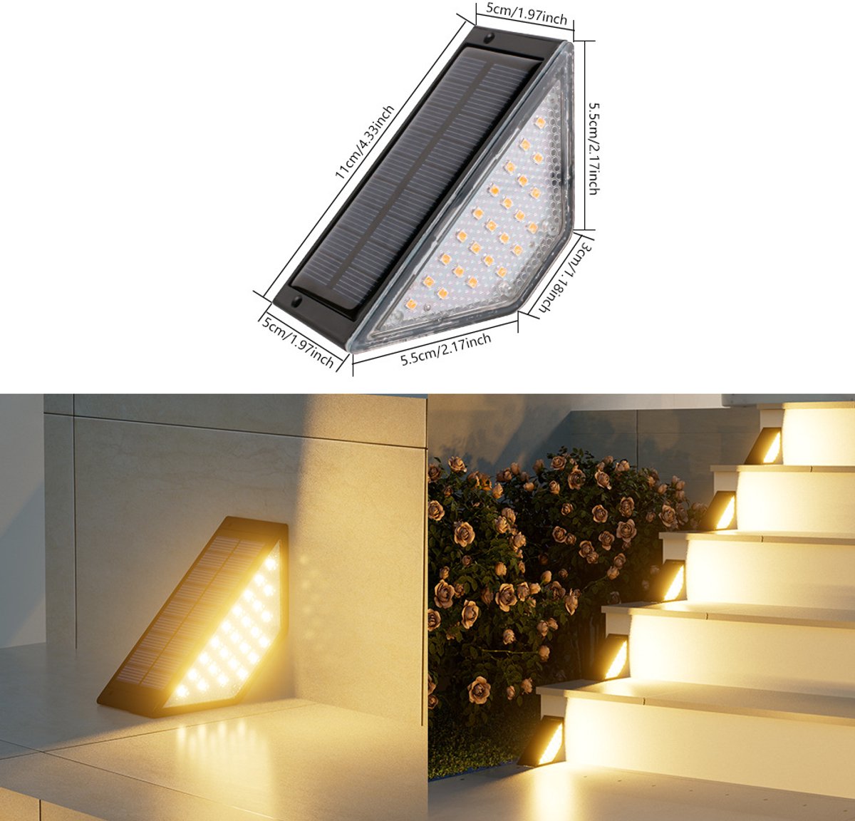 Solar trapverlichting, 6 stuks, warmwitte solar terrasverlichting, waterdichte LED, solar hekverlichting geschikt voor trappen, terrassen, veranda's, balkons, muren, tuinen en achtertuinen.
