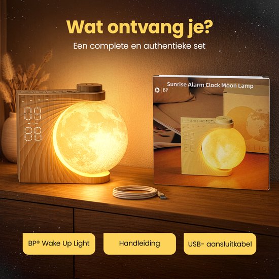 BP® Wake Up Light - Lichtwekker - Wake Up Maanlamp - Digitale Wekker met geluiden en 10 Kleuren - RGB functie - Bruin