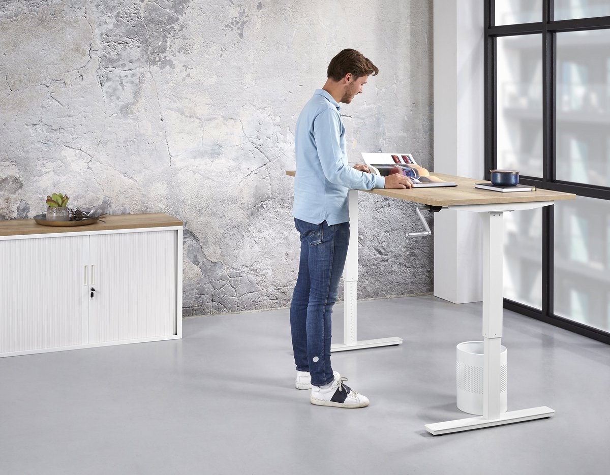 HHV | Slingerbureau Sta Zit Bureau 120x80cm | Kleurblad: Ahorn| Framekleur: Wit (RAL 9010)