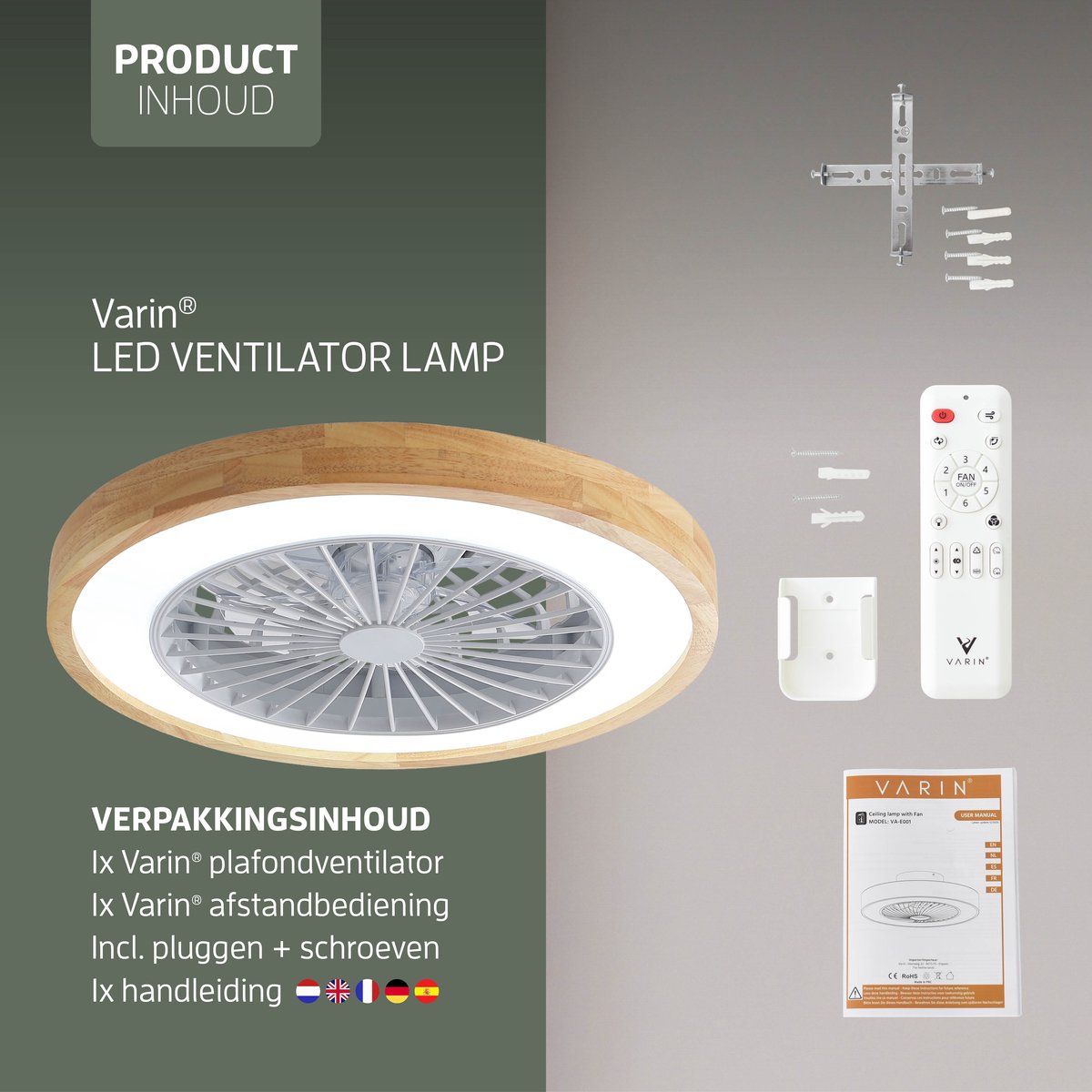 Varin Plafondventilator met verlichting - Licht hout thumbnail 6