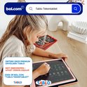 Meisje met blonde staart, zittend aan een houten tafel, tekent op een roze tekentablet. Opschrift 'Tablo Tekentablet'.