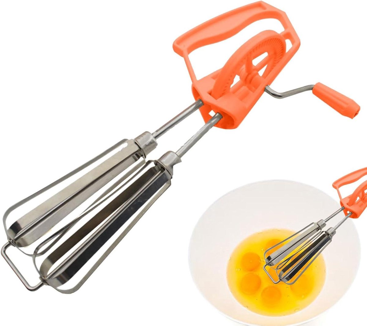 Handmatige eierklopper - Keukengadget - Beslag Maken - Dubbele mengkoppen - 25 cm - Oranje