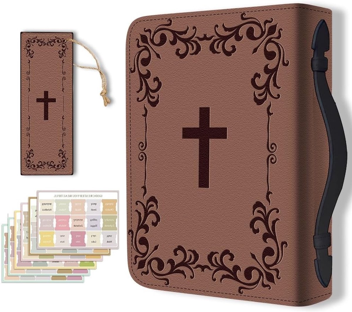 Grote Bijbelhoes van PU Leer met Bookmark - Bruine Damask Print - Ideaal voor Christelijke Notitieboeken en Bijbels, Geschikt voor Mannen en Vrouwen