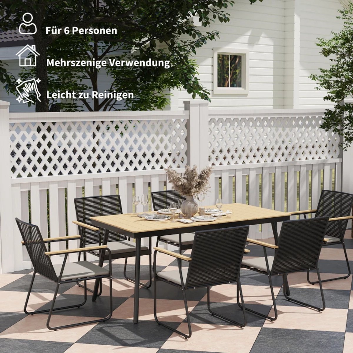 Tuinset - 7-delige Zitgroep - met 1 Tuintafel & 6 Stoelen - Tuinmeubelset voor 6 Personen - Tuintafelset - Tuin Eetset - Diningset - Zitset - voor Terras, Balkon, Tuin - Eetkamerset - Naturel Hout + Zwart – foto 8