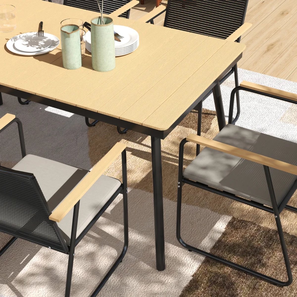 Tuinset - 7-delige Zitgroep - met 1 Tuintafel & 6 Stoelen - Tuinmeubelset voor 6 Personen - Tuintafelset - Tuin Eetset - Diningset - Zitset - voor Terras, Balkon, Tuin - Eetkamerset - Naturel Hout + Zwart – foto 4