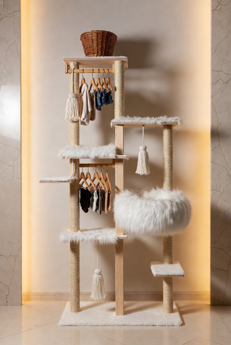Luxe Design Krabpaal “Cozy Chalet” 128 cm – Handgemaakte Houten Kattenboom met Sisal Krabpalen, Premium Stabiliteit, Meerdere Ligplekken & Speelelementen – Ideaal voor Grote Katten – BeigeGaneey