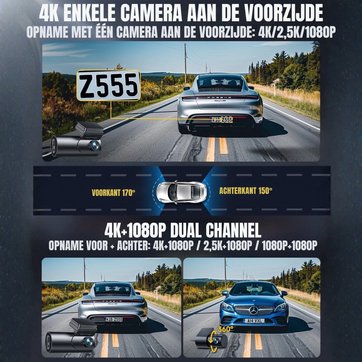 YOR® Dashcam voor Auto Voor en Achter - Dashcam - Zwart - 3cm x 5cm x 10cm – foto 4