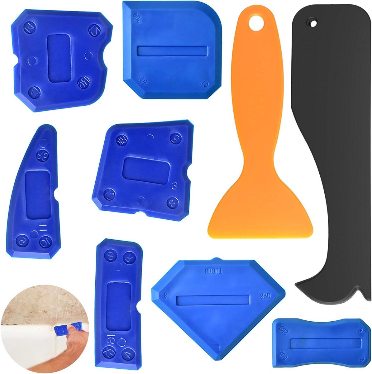Kitgereedschap Set - Voeg afwerker - Kitranden gladmaken - 9 Delige Set - Verschillende Maten - Blauw Oranje Zwart