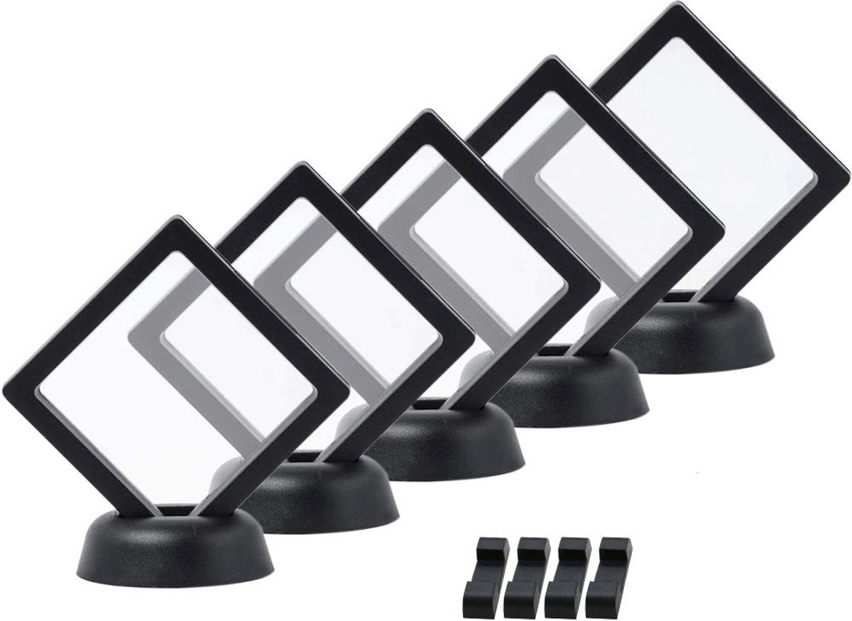 Allecto - Set van 5 Transparante 3D Drijvende Displaystandaards - Perfect voor Uitdagingsmunten - Zwart - Ideaal voor Sieraden en Antiek - Inclusie..