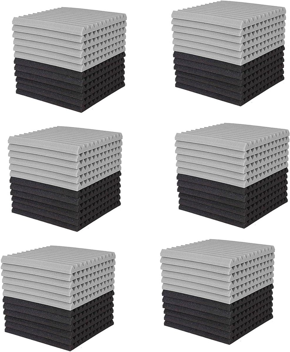 Akoestische Schuimplaten - Wig Tegels - Geluidsisolatie Kamer - Brandvertragend Materiaal - 72 Stuks - Zwart Grijs