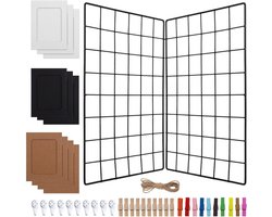 4-Pack Wire Grid Wall Panels 15.7×11.7cm, Metal Memo Boards with Photo Frames, Hanging Clips, Hooks and Rope, Decorative Wall Display Organizers