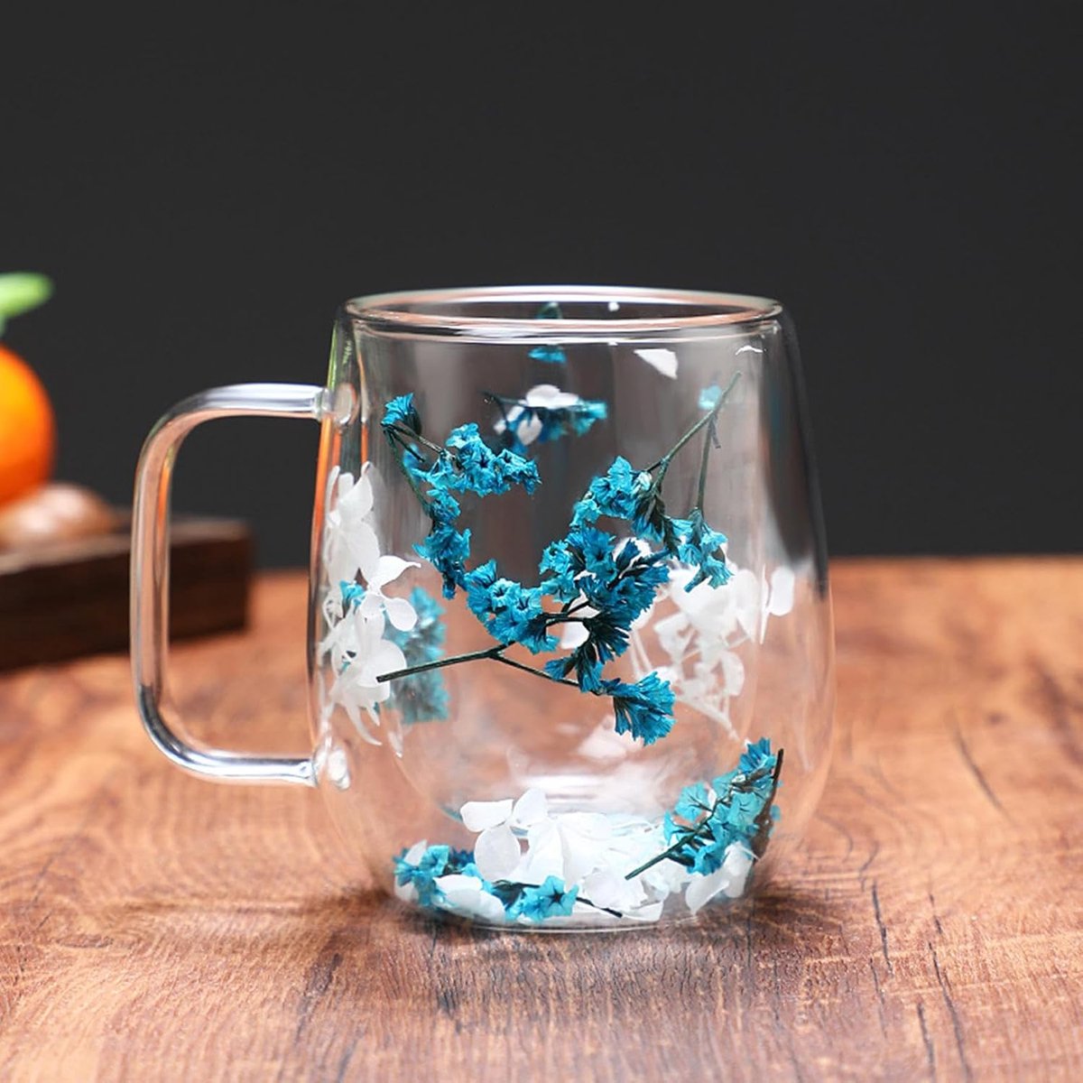 Theekop met bloemen - Glazen mok - Genieten van dranken - Dubbelwandig geïsoleerd - 250 ml - Wit en blauw — cadeau in Koken & Dineren - foto 2