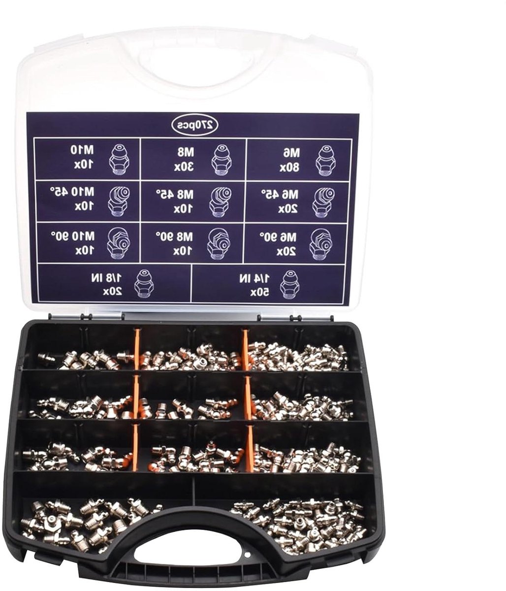 Vetnippelset 270 stuks - Smeernippel assortiment - Machine onderhoud - Gegalvaniseerde constructie - 25.5x21x4cm - Zilverkleurig