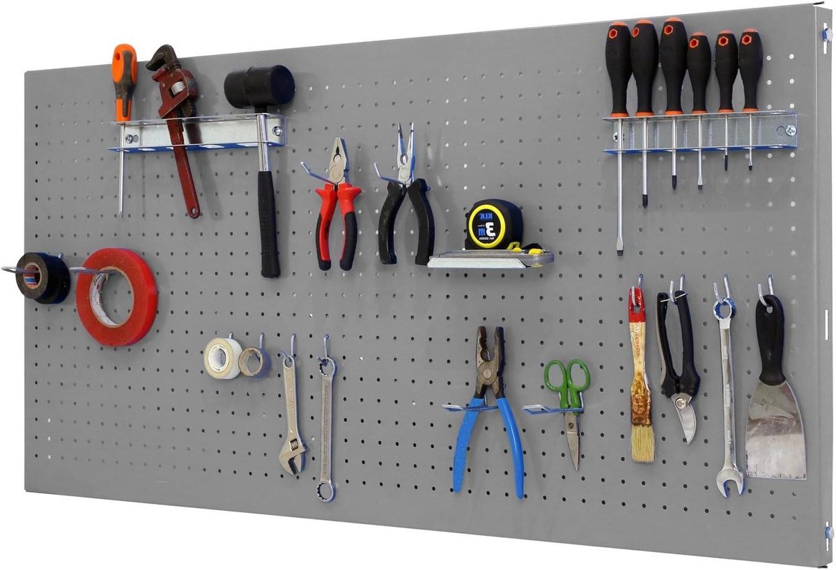 Gereedschapsorganizer Muur - Opbergsysteem Paneel - Werkplaats Inrichten - Inclusief 17 Haken - 90x60 cm - Grijs