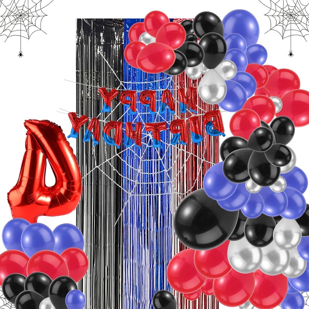 Feestdecoratie met Spinnen Thema, Inclusief Letterbanner, Cijferballonnen en Spinnenweb Achtergrond voor Baby Shower Versiering voor Jongens en Meisjes (Cijfer 4)