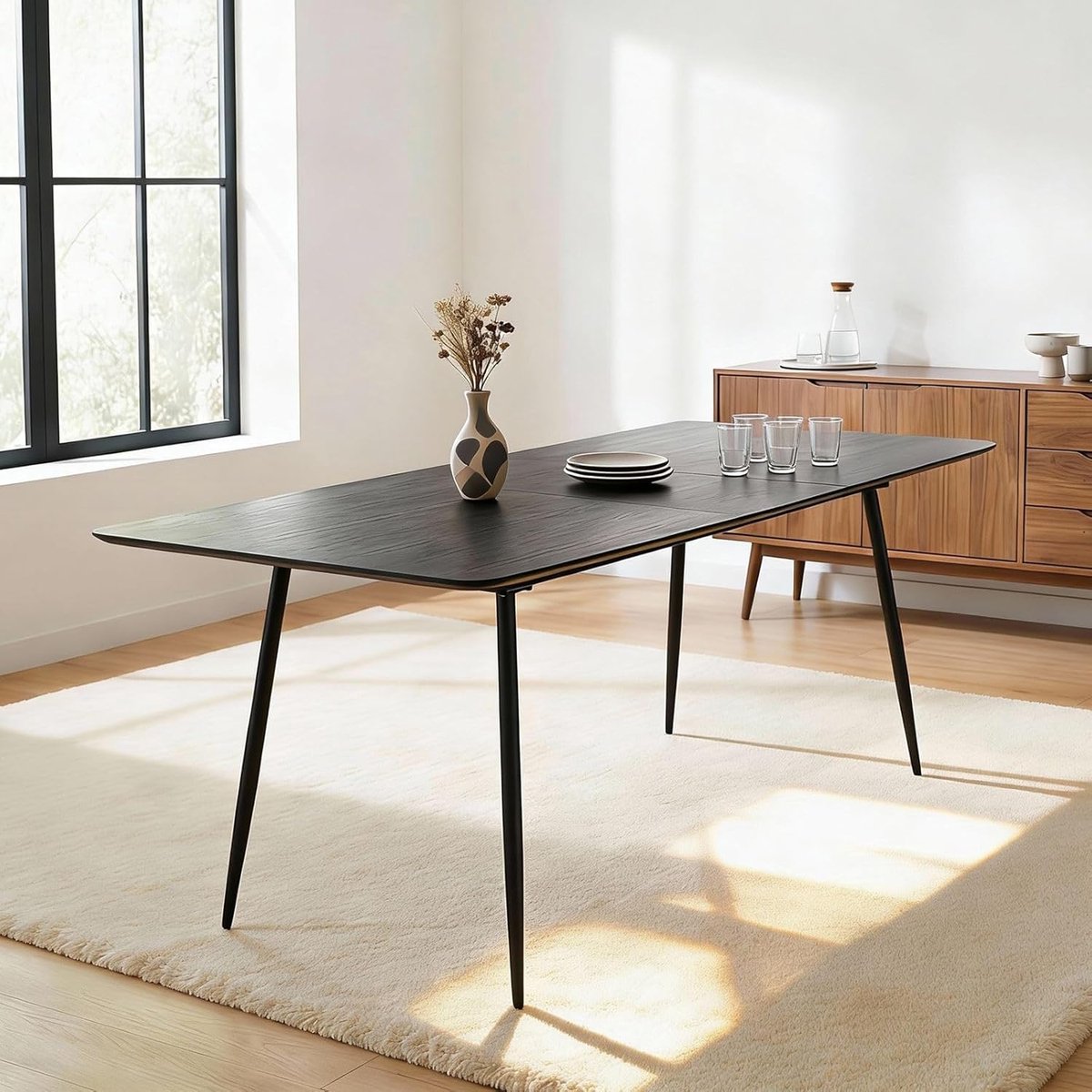 ORSA Extendable Dining Table, 160-200 x 80 cm, Black, Rectangular Dining Room Table, Kitchen Table with Butterfly Insert Top, Modern Dining Table for Dining Area, Metal Frame, Black Powder-Coated