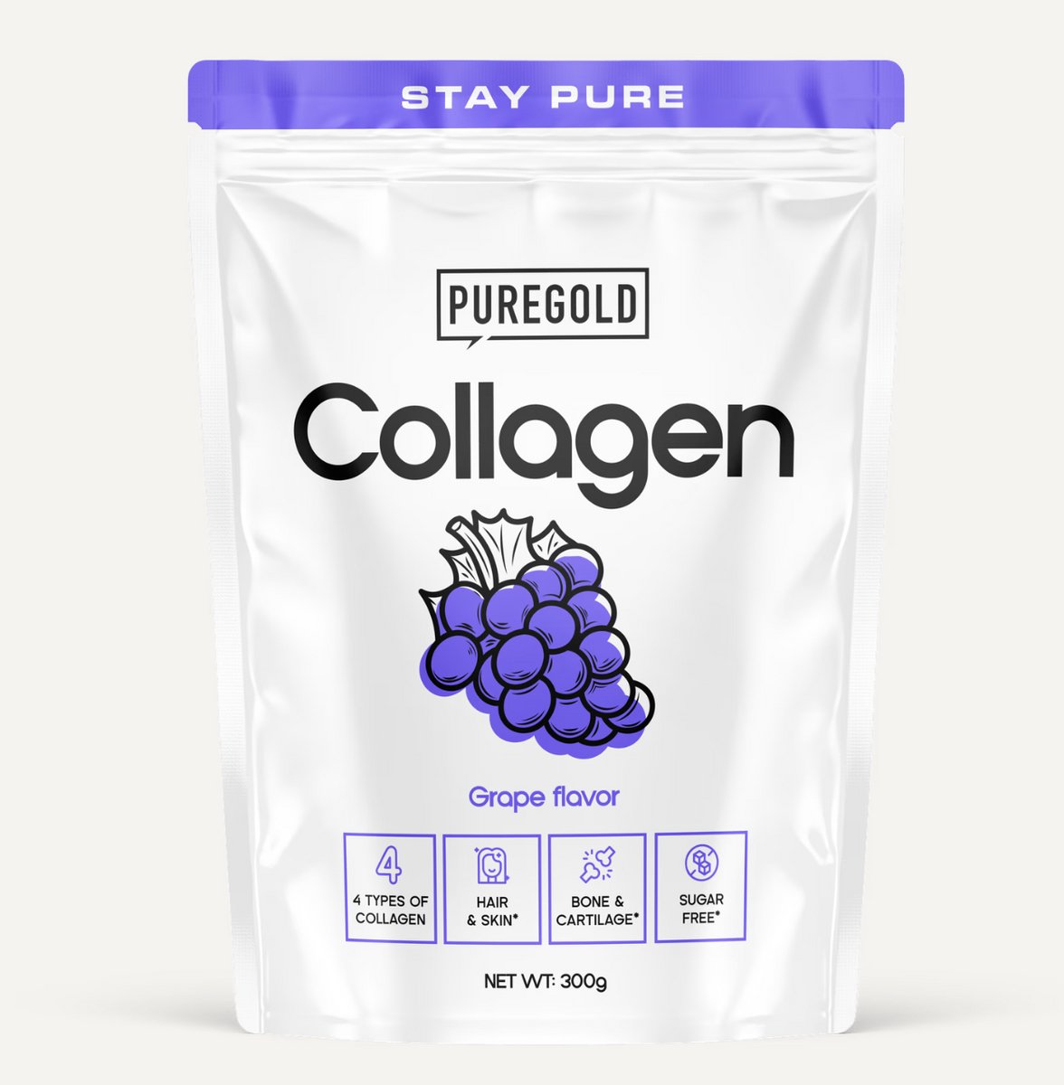 Pure Gold Collagen Rundercollageen Poeder – 300g – 25 Porties – 4 Types Collageen met Vitamine C, A, Zink & Selenium – Druif