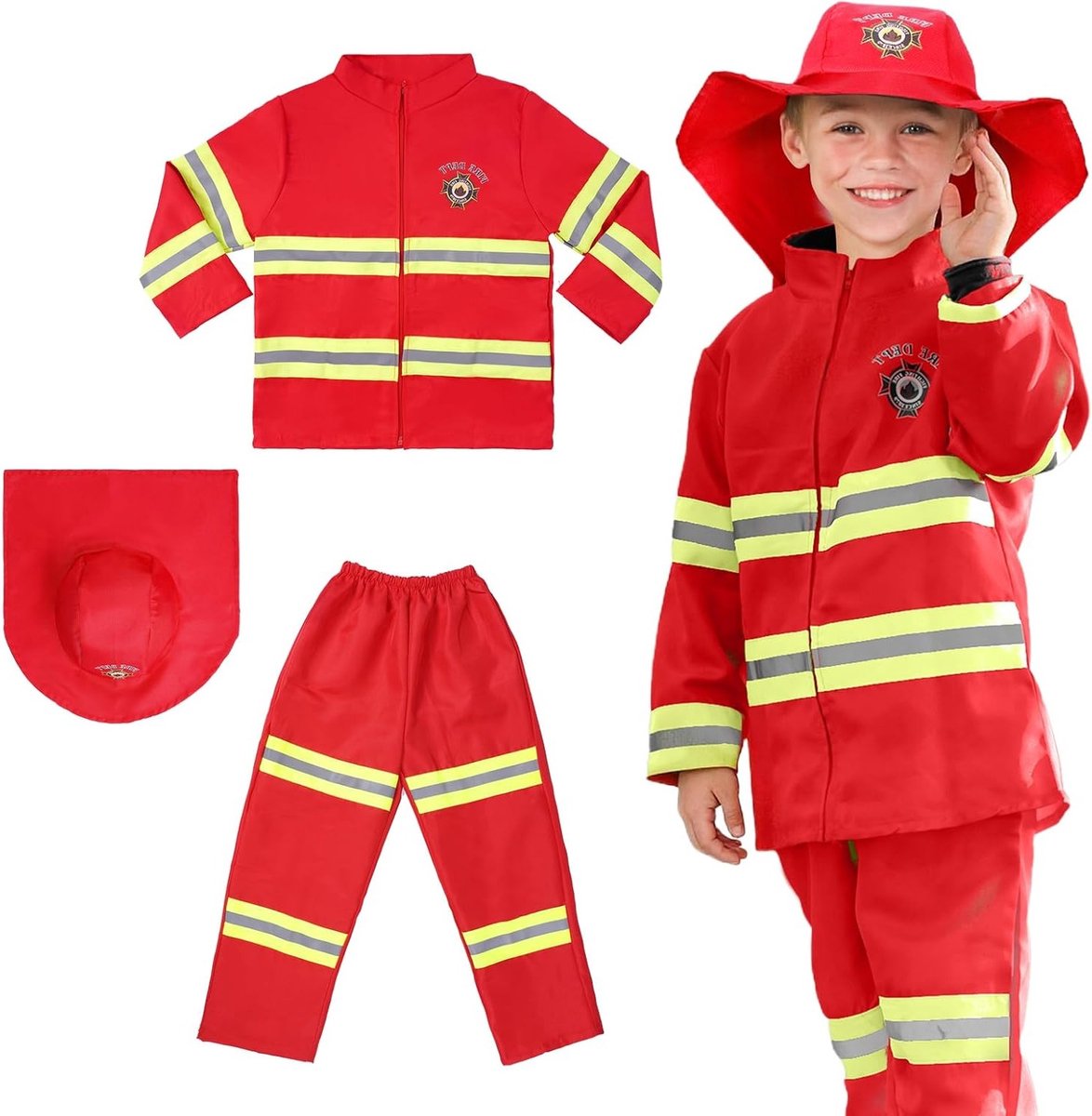 Kinderen Brandweerman Kostuum, 3-delig met Hoed, Rollenspel Outfit voor Educatie en Feestdagen
