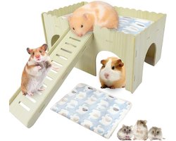 Groot huis voor cavia's met helling: houten huis voor hamsters, knaagdier speelgoed, trappen en blauwe olifantenmatten, geschikt voor cavia's, konijnen en degu's