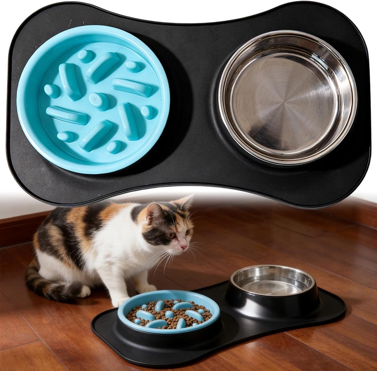 Hondenvoerbakset met antislip siliconenmat: dubbele roestvrijstalen bakken voor honden en katten, anti-schrok functie, ideaal voor voeding en water, 42 x 28,4 x 5 cm