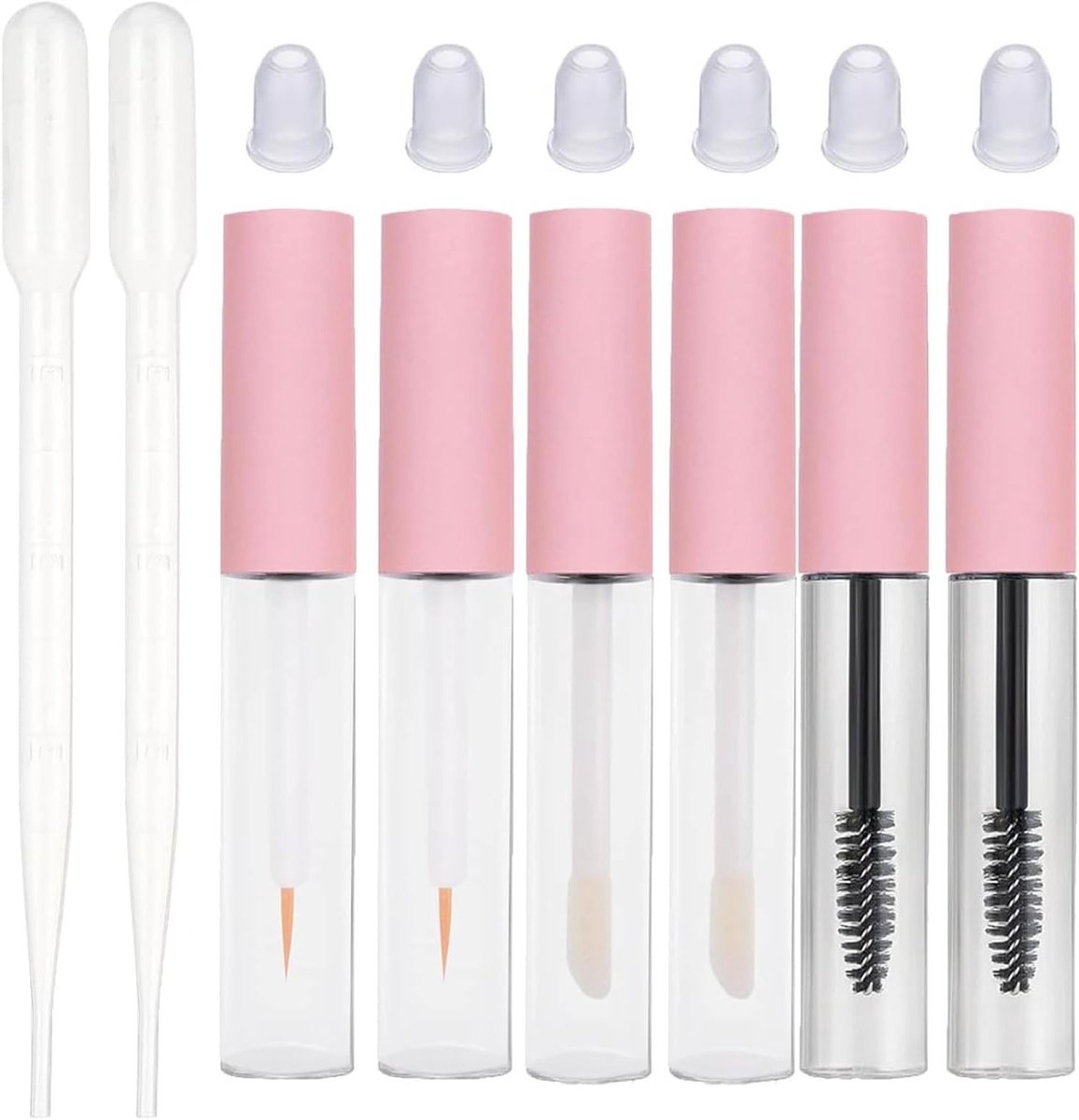 Set van 8 Wimpers borstels met Houder, Lege Mascara Houder, Lipgloss Flesje, Eyeliner Flesje en Dopper - Perfect voor Reizen en Make-up Opberging