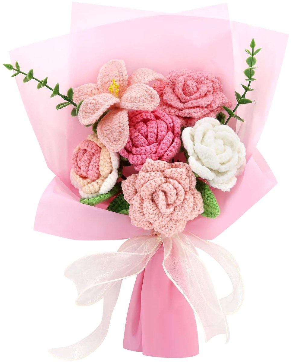Handgemaakte gehaakte boeketten zijn uitstekende cadeaus Geschikt voor geliefden, familie en vrienden. Gehaakte boeketten, gehaakte bloemen van garen, boeketten van kunstbloemen (roze).