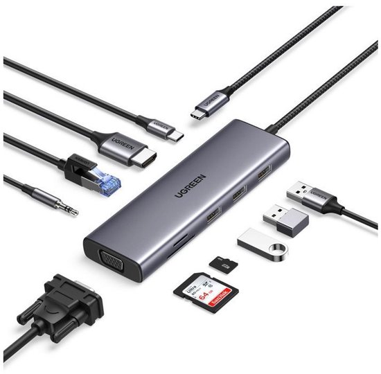 Grijze UGREEN USB-C hub met diverse aansluitingen: HDMI, VGA, Ethernet, USB-A, USB-C en SD-kaarten.