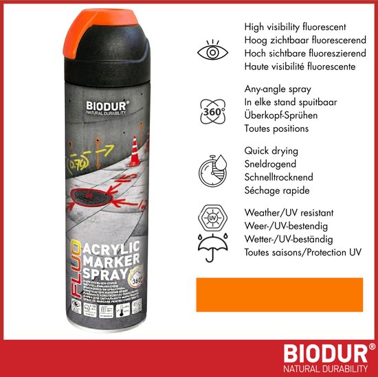 Oranje en zwarte Biodur acryl marker spray bus met functies.