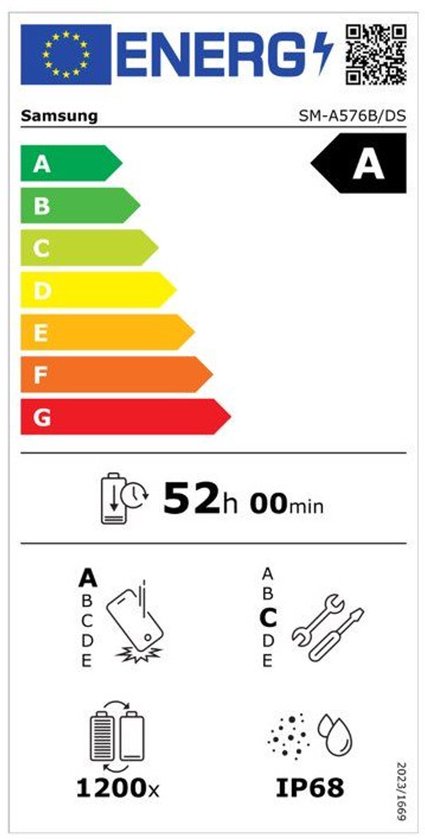 Energie-etiket voor een Samsung telefoon met energielabel A en indicaties voor levensduur, waterdichtheid en meer.