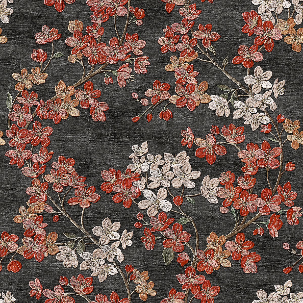 Bloemen behang Profhome GR322207-DI vliesbehang hardvinyl warmdruk in reliëf gestempeld met bloemmotief glinsterend antraciet karmijnrood oudroze olijfbruin 5,33 m2