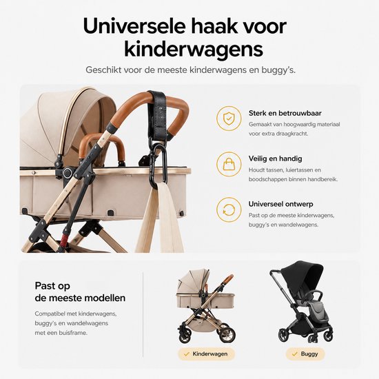 Een beige kinderwagen en een zwarte buggy met zwarte BOTC haken.