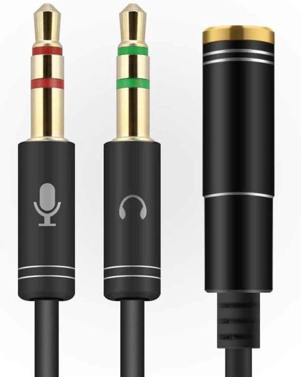 Okado 3,5 mm Audio Splitter Zwart – Headset Adapter met Female naar 2x Male Jack – Aux Splitter voor Koptelefoon en Microfoon – Voor PC en Laptop