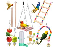 Vogelkooi Accessoires - Vogel Speelgoed Set - Stimuleert Beweging - 12 Delige Houten Set - Diverse Stukken - Kleurrijk