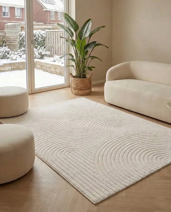 Tapis Flycarpets Skando, style japonais et scandinave - Crème - Tapis à poils courts pour salon - 160 x 230 cm